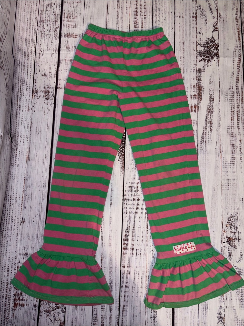Ruffle Girl Size 12 Striped Ruffle Hem Girls Pants — Green & Pink